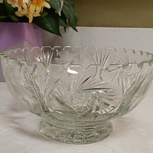 Vintage Brilliant Crystal Etched Sawtooth Cut Glass Footed Bowl